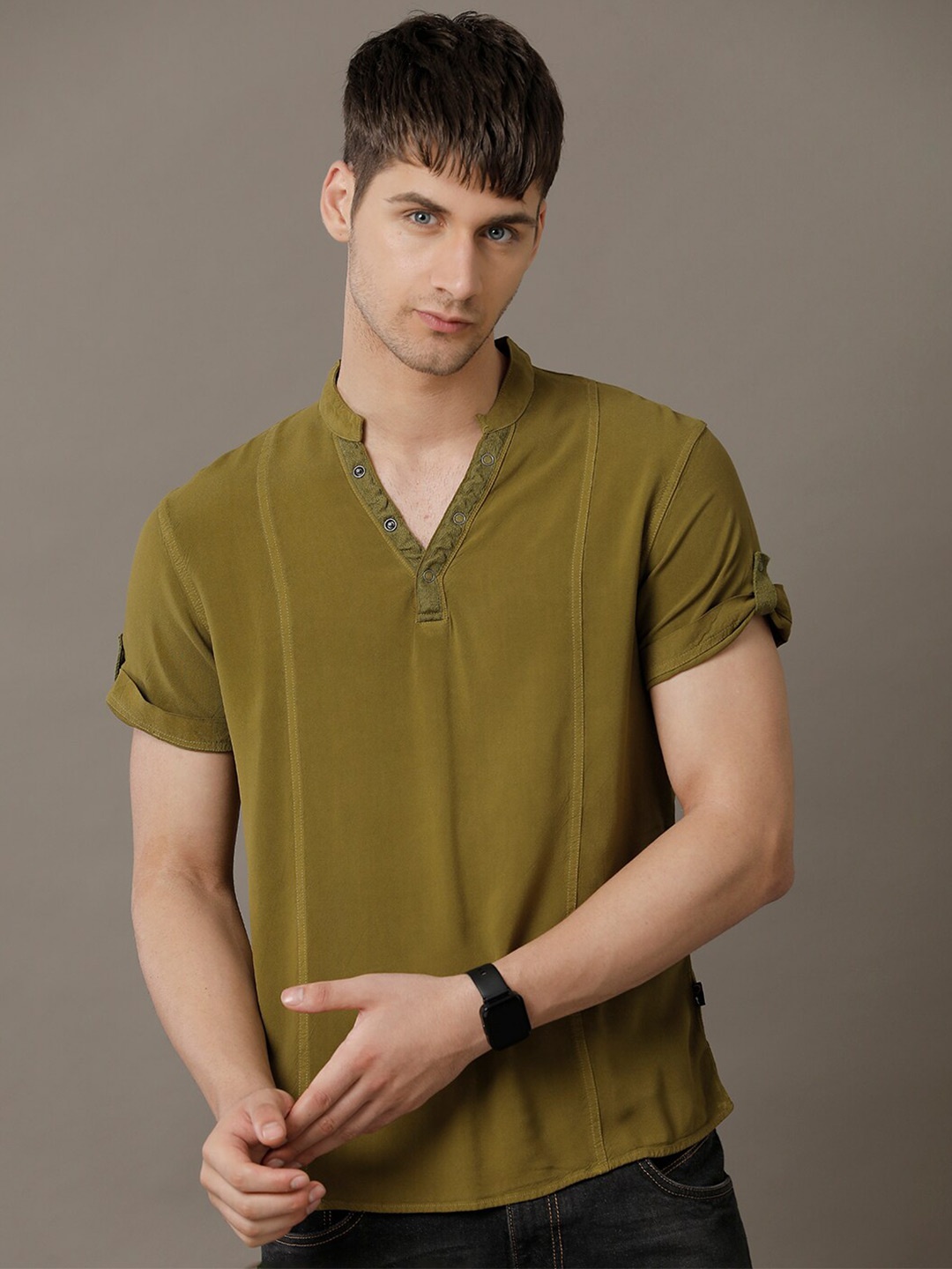 

IDENTITI Men Slim Fit Mandarin Collar Casual Shirt, Olive