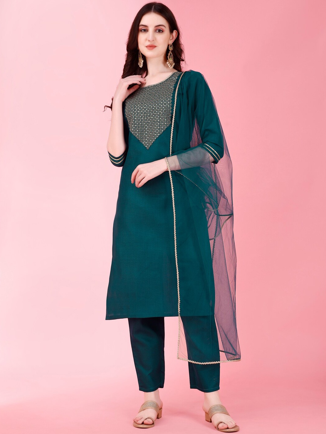 

Modestouze Attires Ethnic Motifs Yoke Design Sequinned Kurta with Trousers & Dupatta, Teal