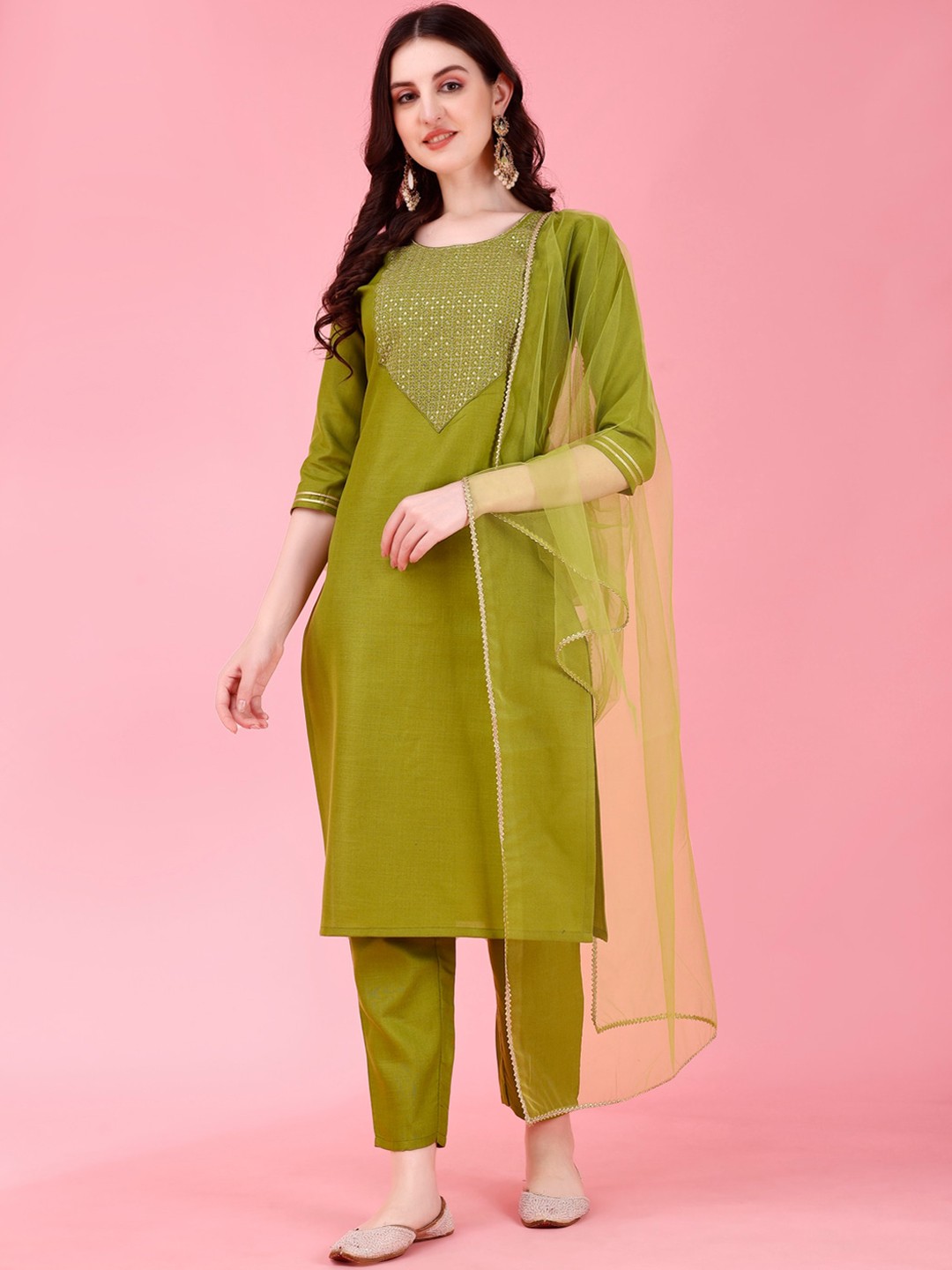 

Modestouze Attires Ethnic Motifs Embroidered Regular Gotta Patti Kurta Set With Dupatta, Lime green