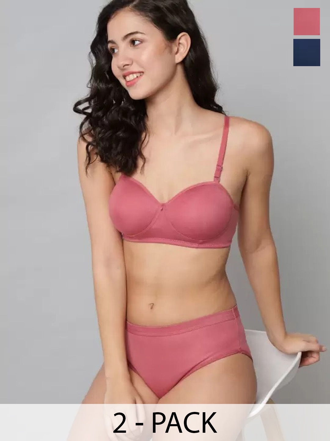 

Extoes Pack of 2 Cotton Lightly Padded Bra & Mid-Rise Briefs, Pink