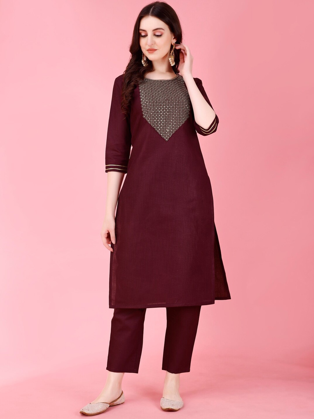 

Modestouze Attires Ethnic Motifs Embroidered Sequined Kurta with Trousers & Dupatta, Maroon