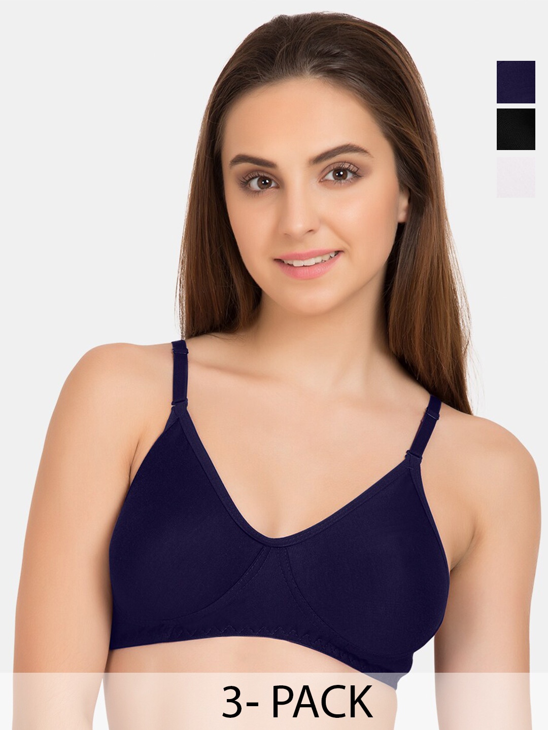 

Tweens Pack Of 3 Full Coverage Cotton Non Padded T-Shirt Bra All Day Comfort, Navy blue