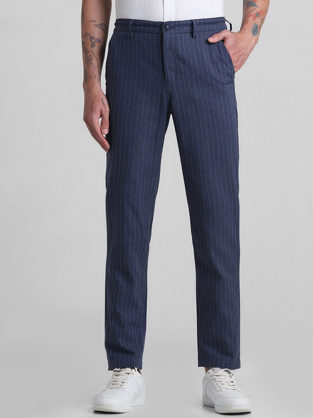

Jack & Jones Men Striped Slim Mid Rise Cotton Trousers, Navy blue