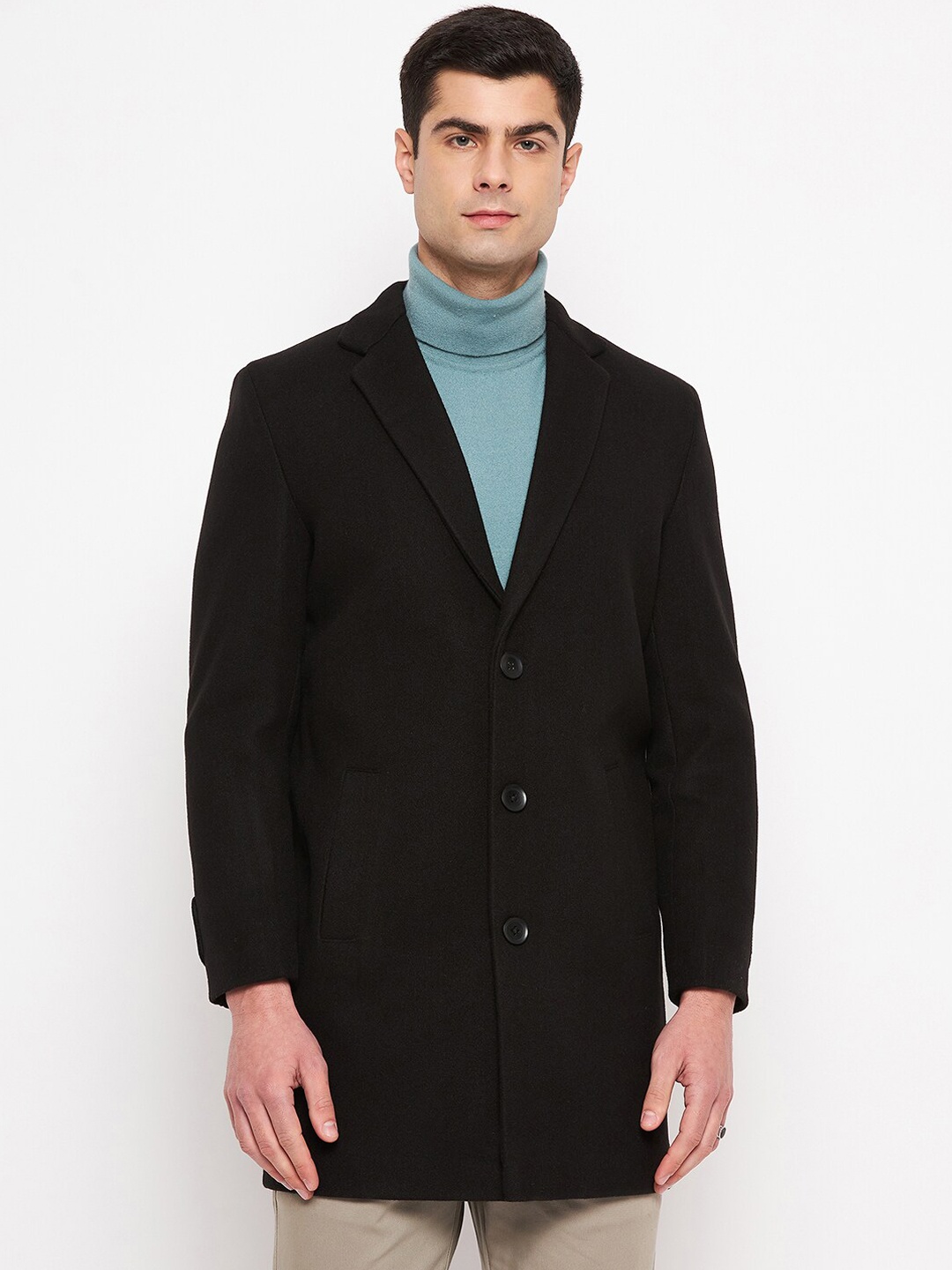 

Duke Longline Notched Lapel Woollen Overcoat, Black