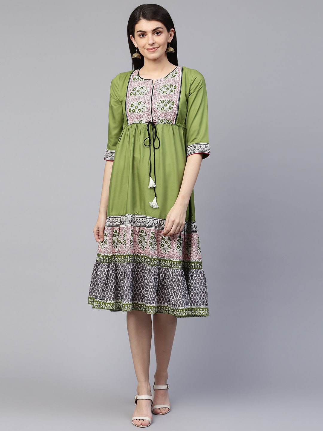 

all about you Green & Pink Ethnic Motifs Printed Notch Neck A-Line Midi Dress