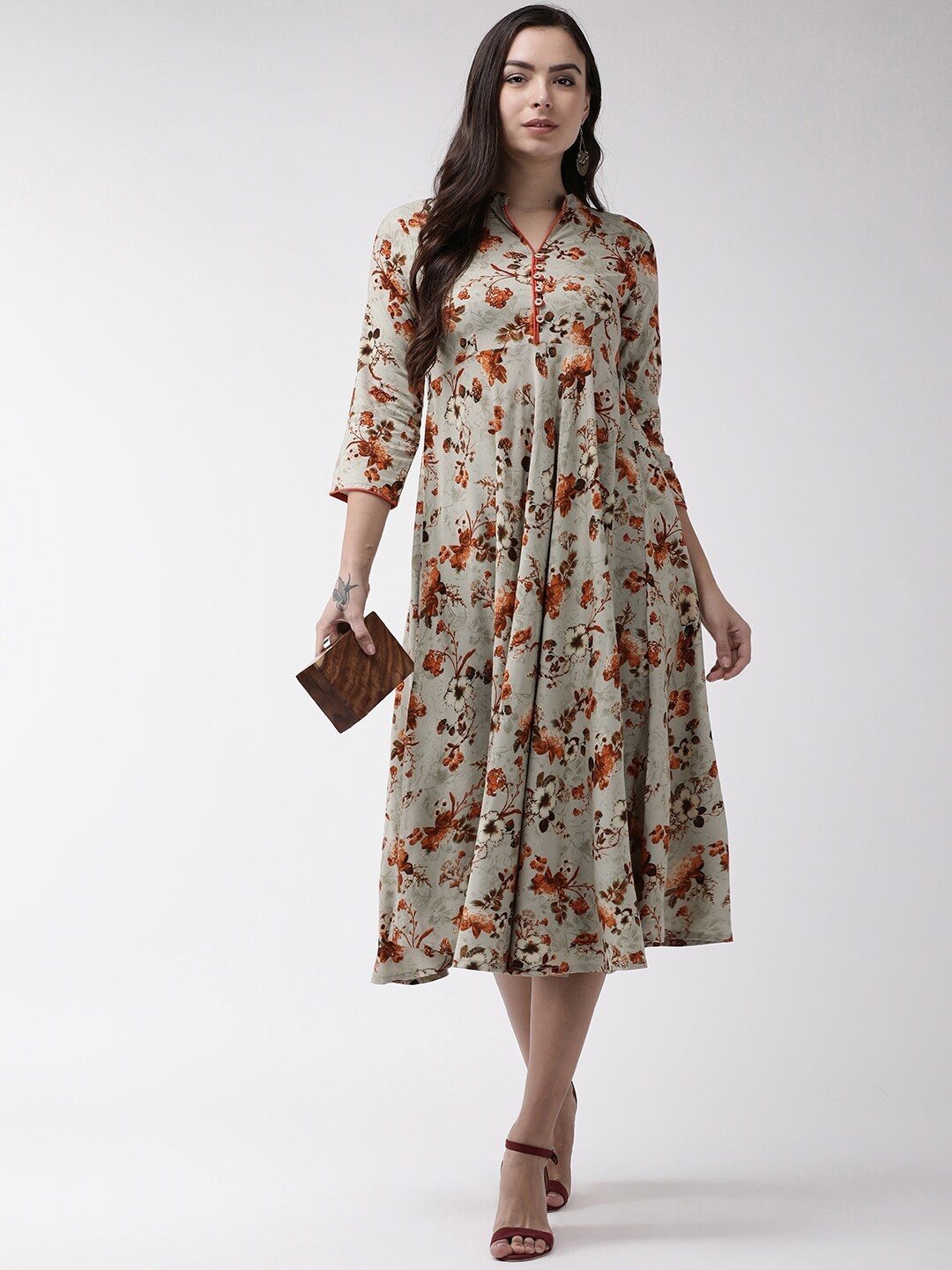 

all about you Taupe & Orange Floral Printed A-Line Midi Dress