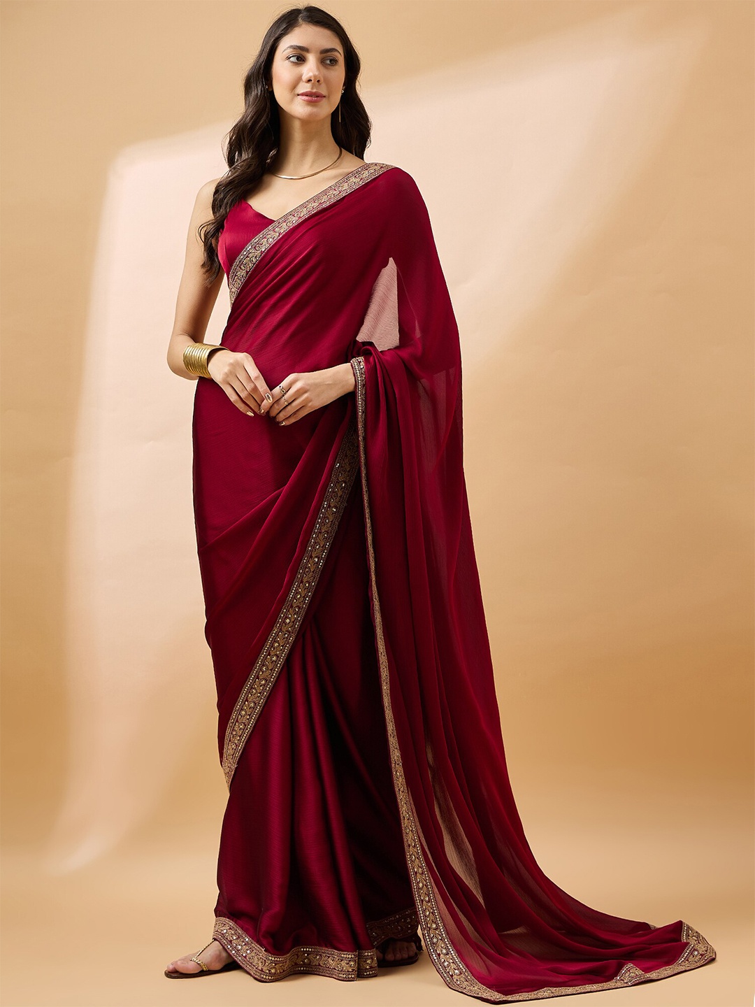 

all about you Embroidered Satin Saree, Maroon