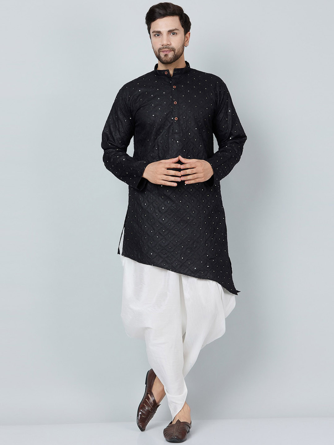 

Kaifoo Ethnic Motifs Embroidered Sequined Asymmetric Kurta with Dhoti Pants, Black