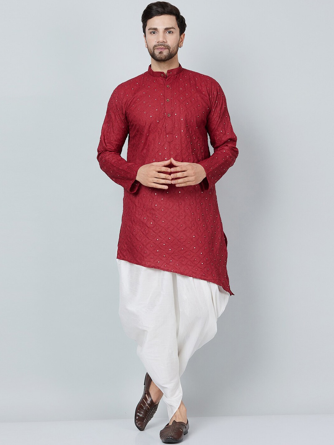 

Kaifoo Ethnic Motifs Embroidered Sequined Asymmetric Kurta with Dhoti Pants, Maroon