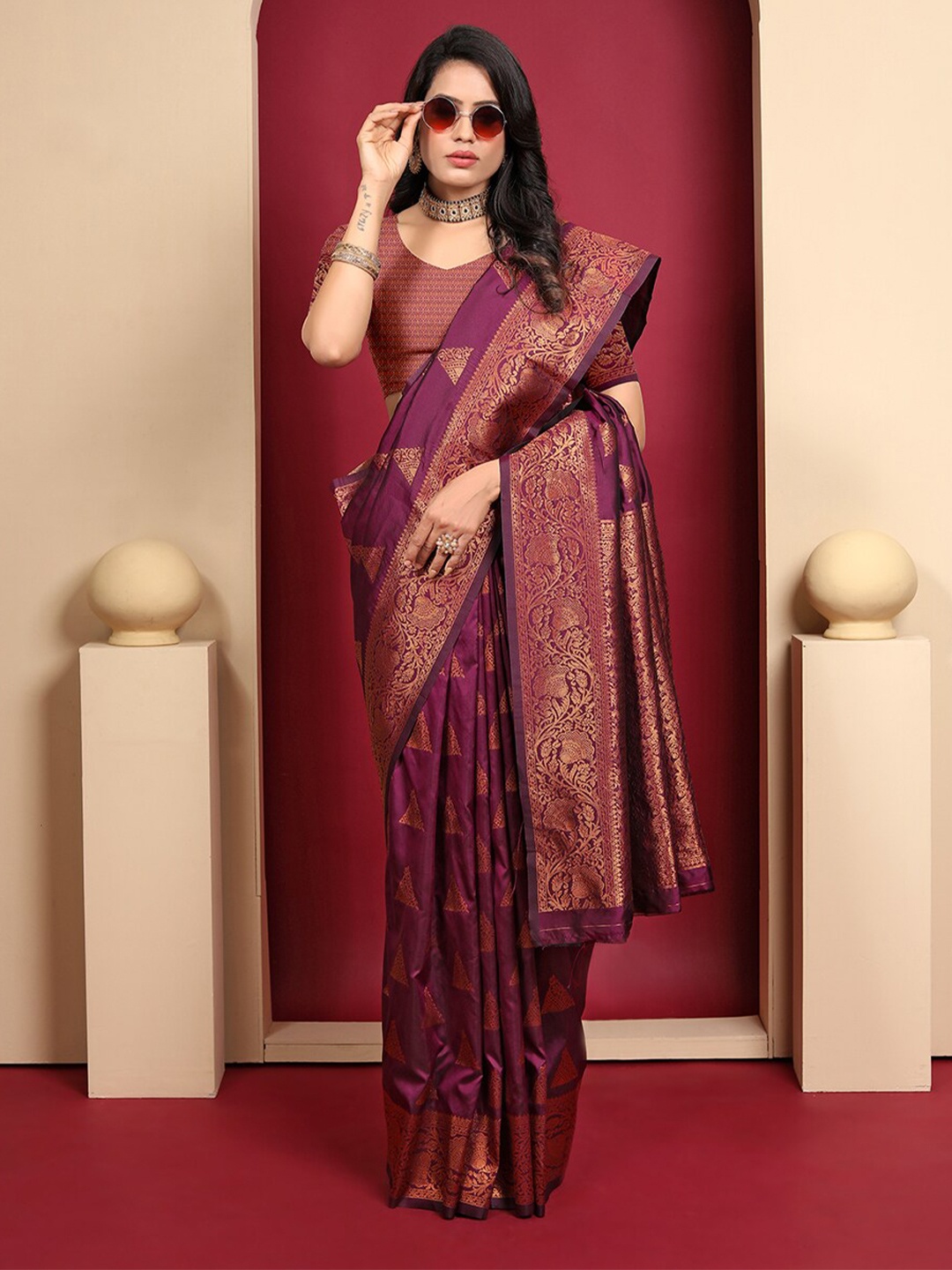 

Pionex Woven Design Zari Pure Silk Banarasi Saree, Purple