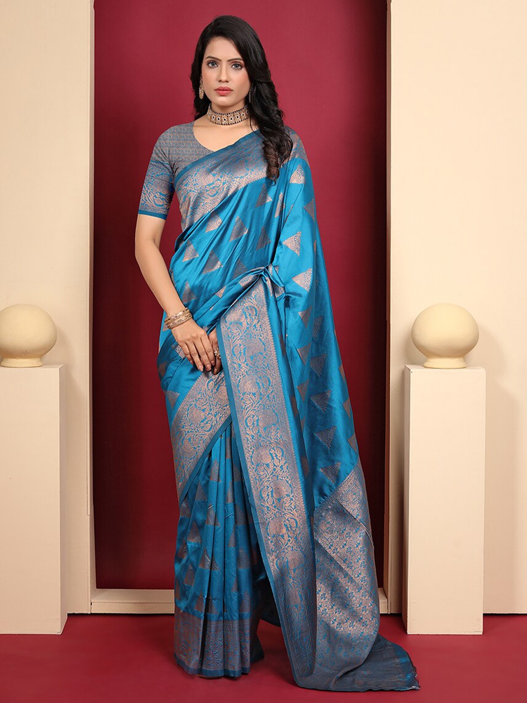 

Pionex Ethnic Woven Design Zari Pure Silk Banarasi Saree, Teal