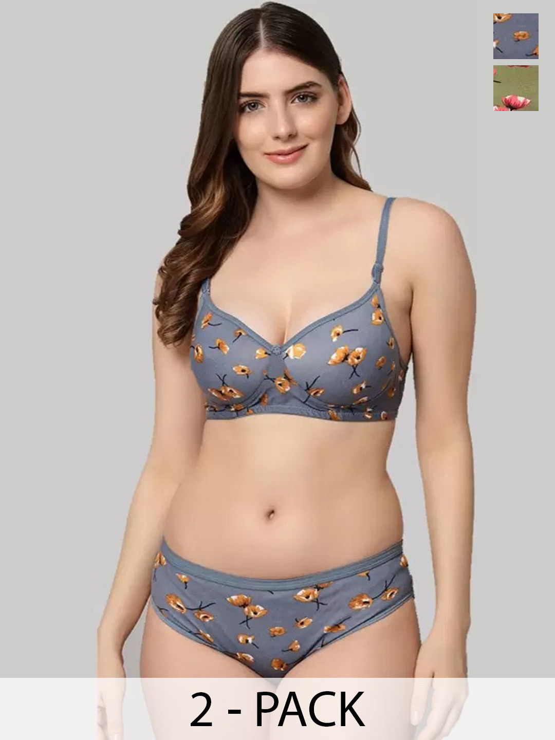 

Extoes Pack of 2 Floral Printed Cotton Padded Bra & Briefs, Green