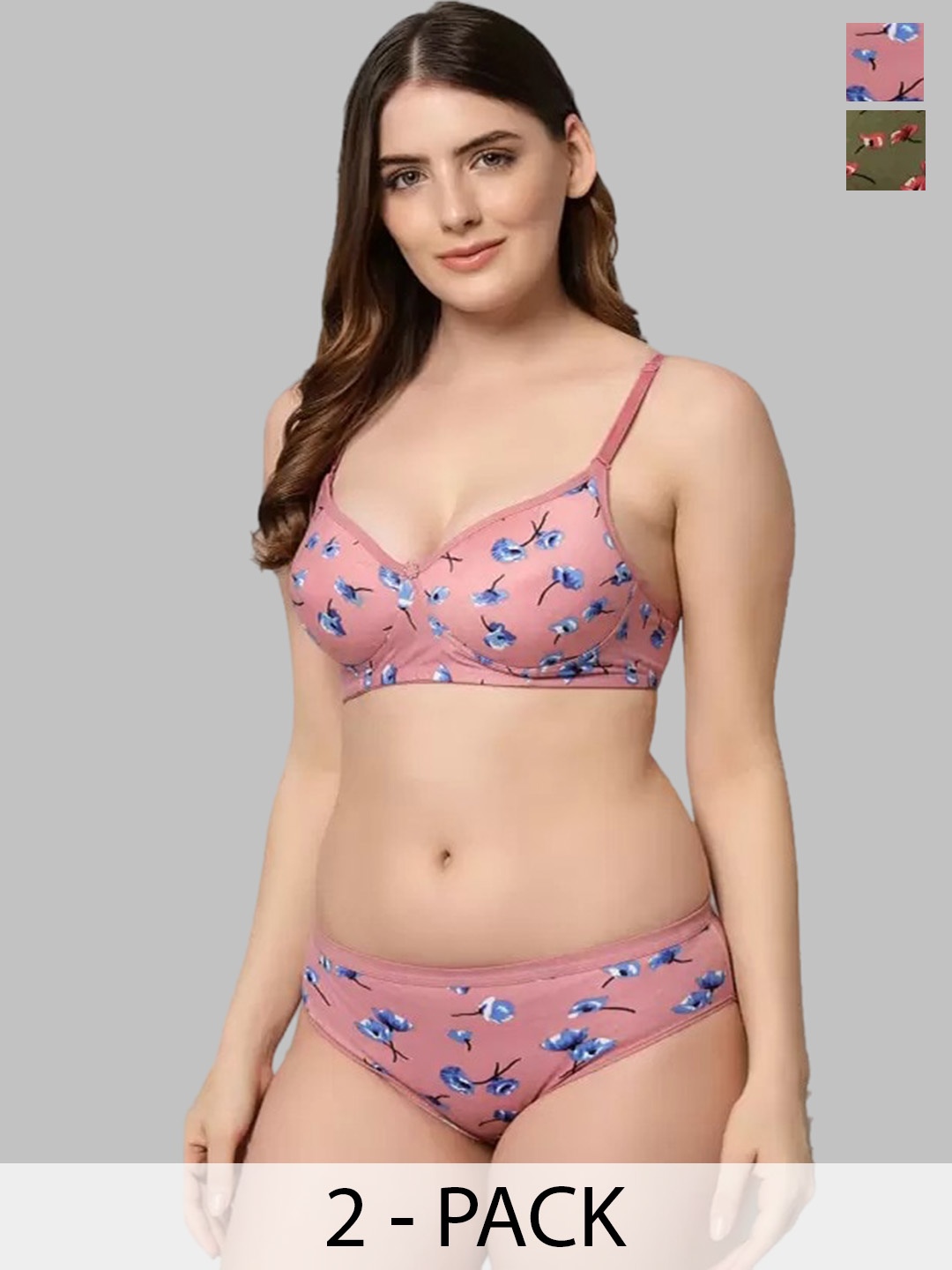 

Extoes Pack of 2 Floral Printed Cotton Padded Bra & Mid-Rise Briefs, Pink