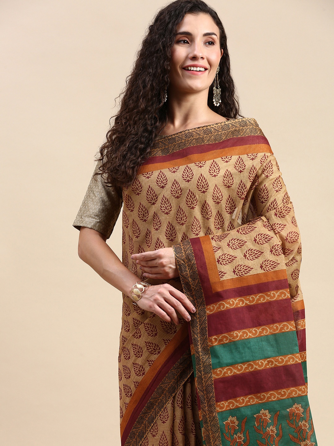 

SHANVIKA Ethnic Motifs Pure Cotton Saree, Brown