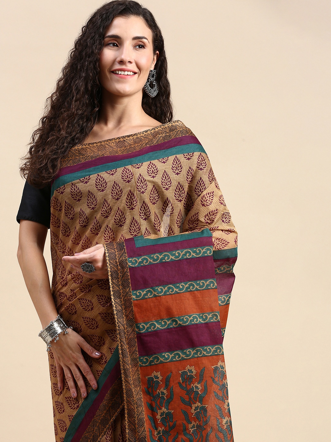 

SHANVIKA Ethnic Motifs Pure Cotton Saree, Brown