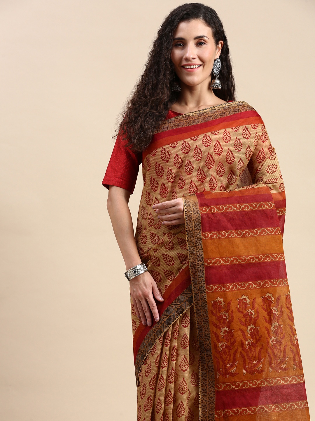 

SHANVIKA Ethnic Motifs Pure Cotton Saree, Brown