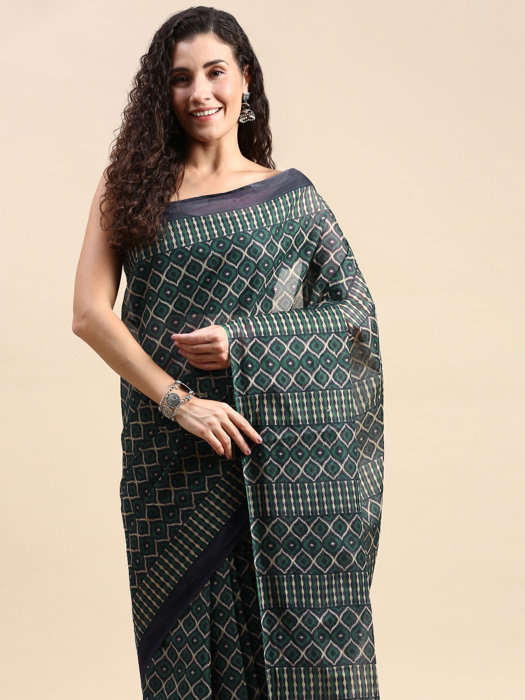 

SHANVIKA Geometric Print Pure Cotton Saree, Teal