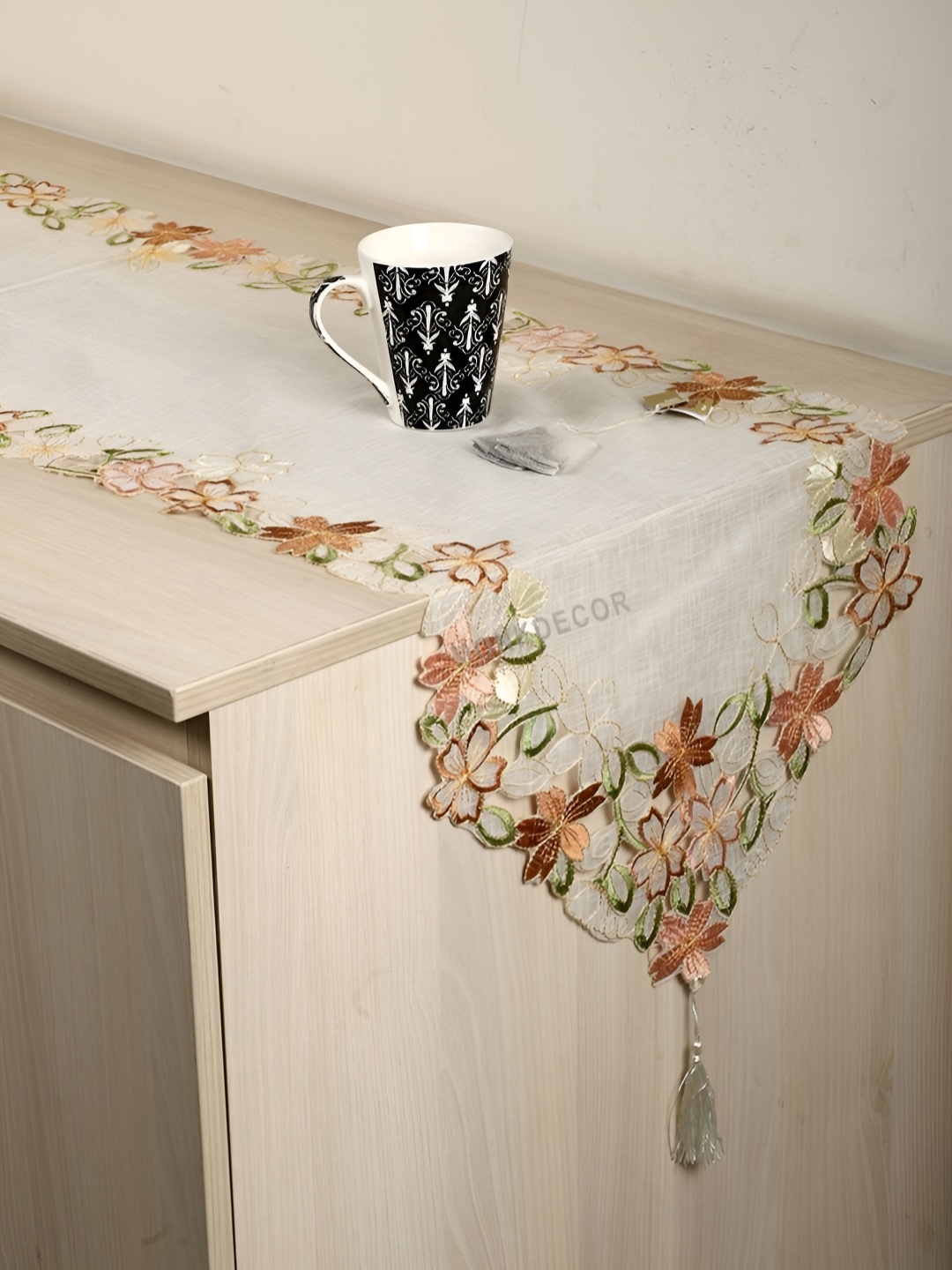 

MONKDECOR White & Brown Embroidered Table Runner