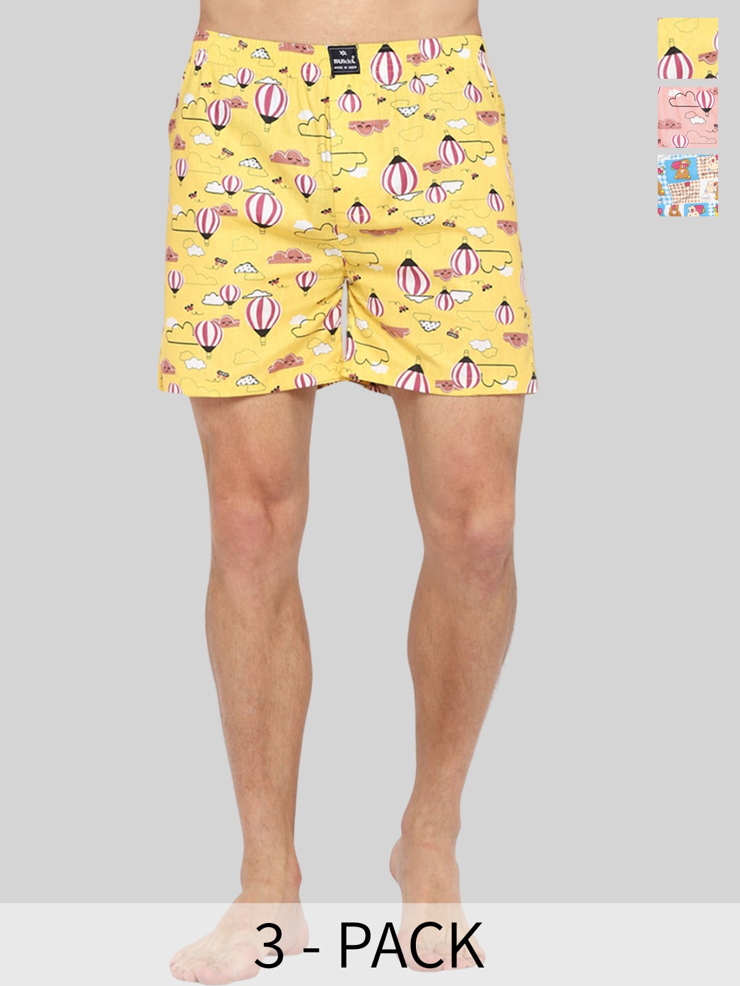 

Bukkl Pack Of 3 Printed Pure Cotton Boxers LAFFER-18, Yellow