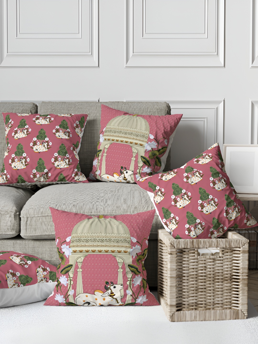 

Astitva Pink & Beige 5 Pcs Floral Square Cushion Covers