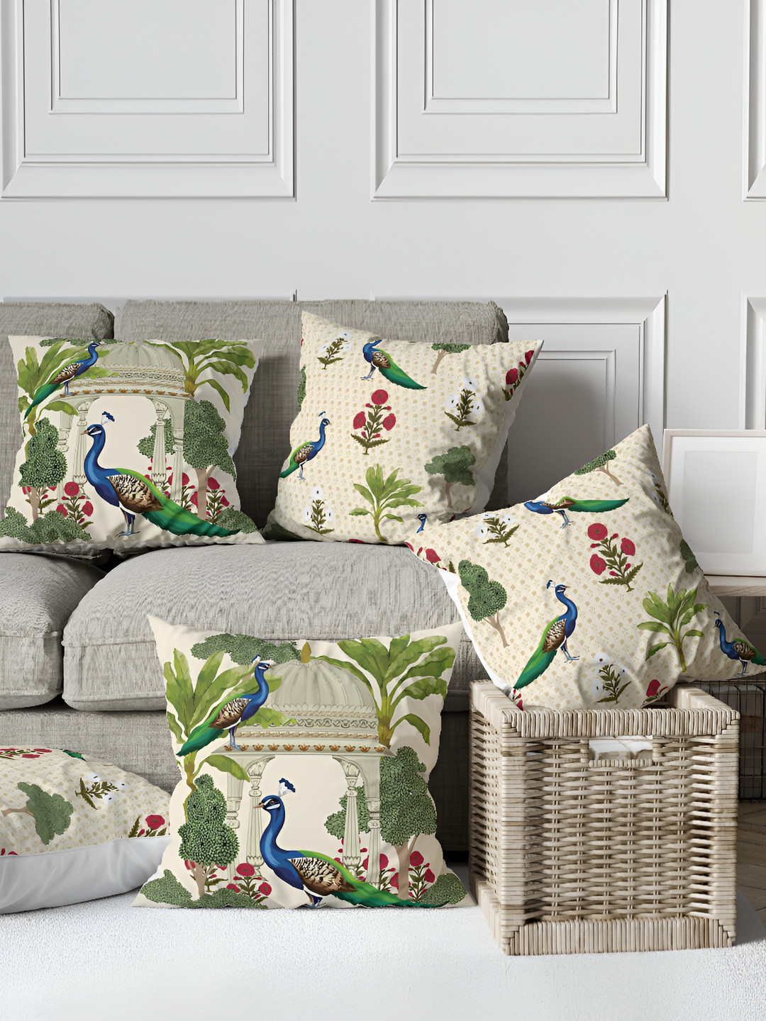 

Astitva Beige & Green 5 Pcs Ethnic Motifs Square Cushion Covers