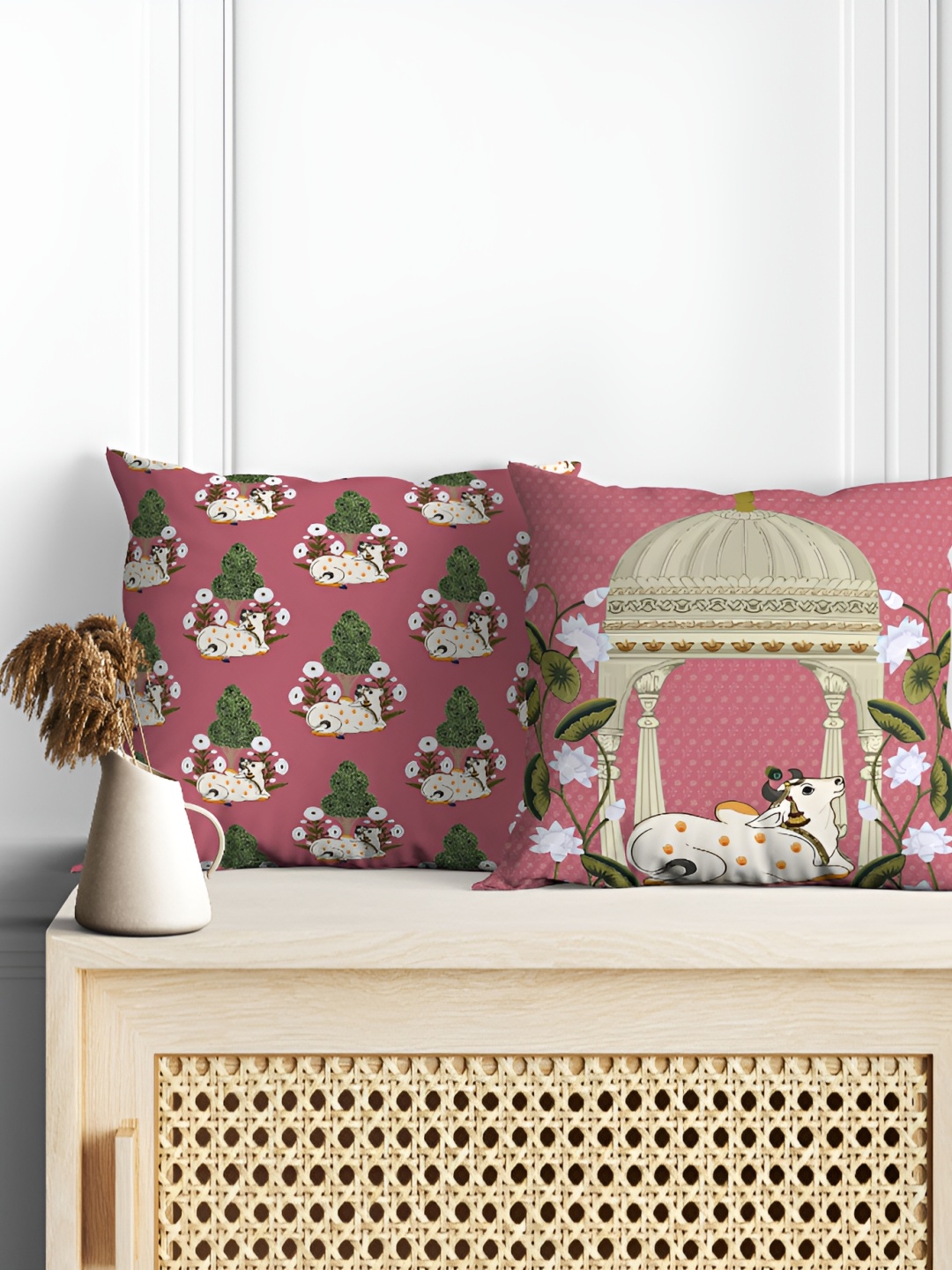 

Astitva Pink & Green 2 Pcs Ethnic Motifs Square Cushion Covers