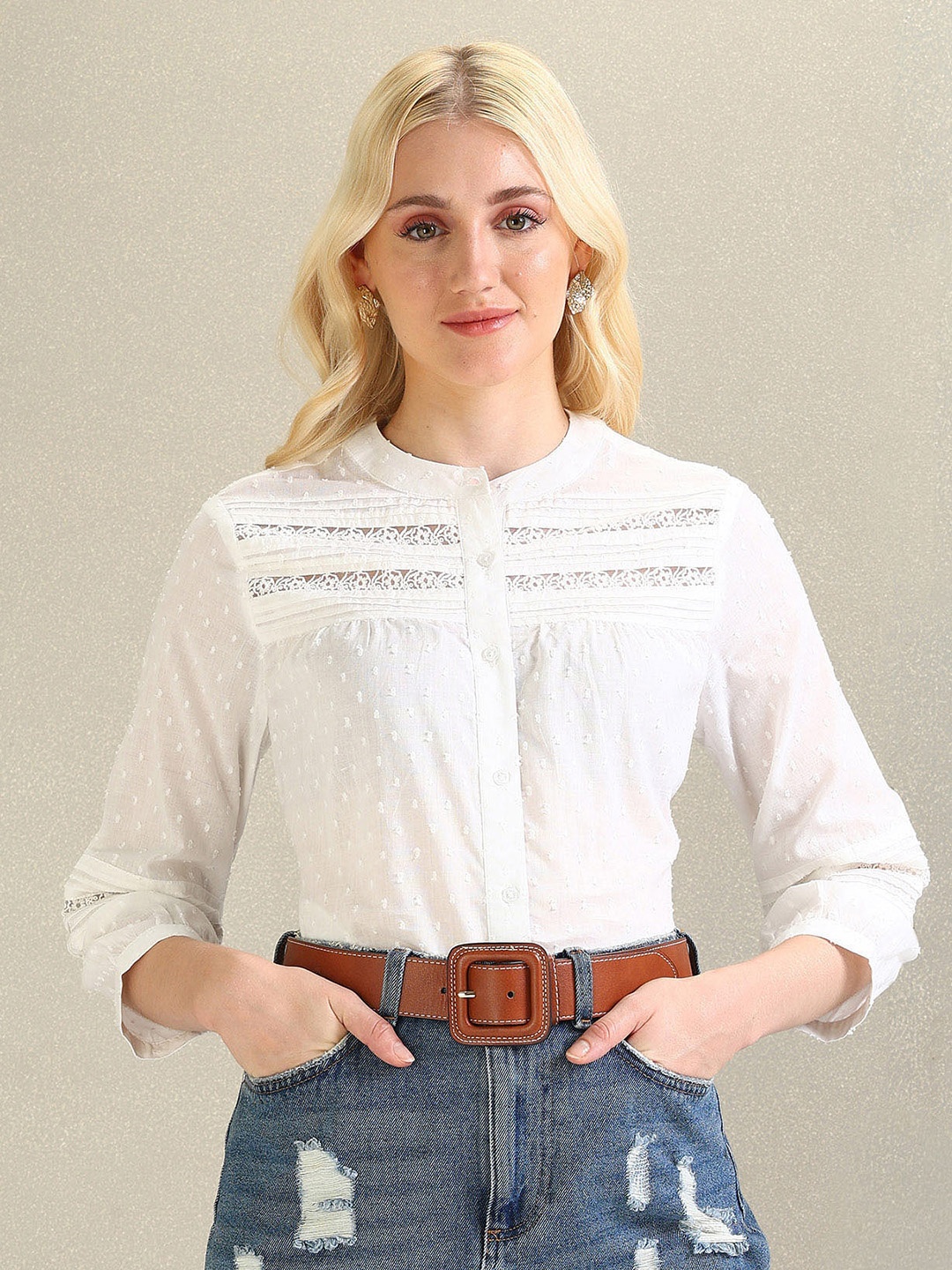 

U.S. Polo Assn. Women Self Design Mandarin Collar Cotton Shirt Style Top, White