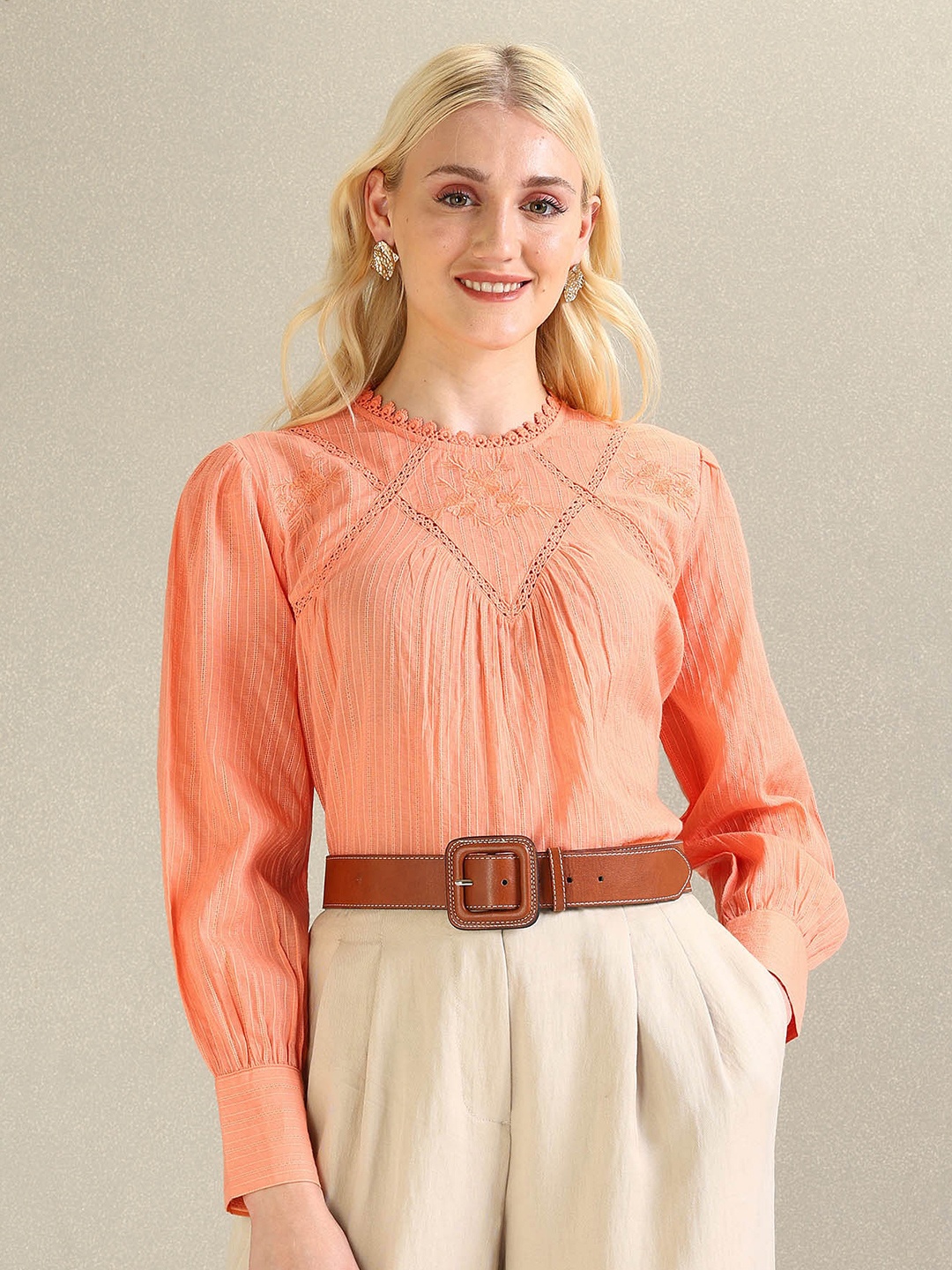 

U.S. Polo Assn. Women Lace Detail Round Neck Cotton Regular Top, Orange