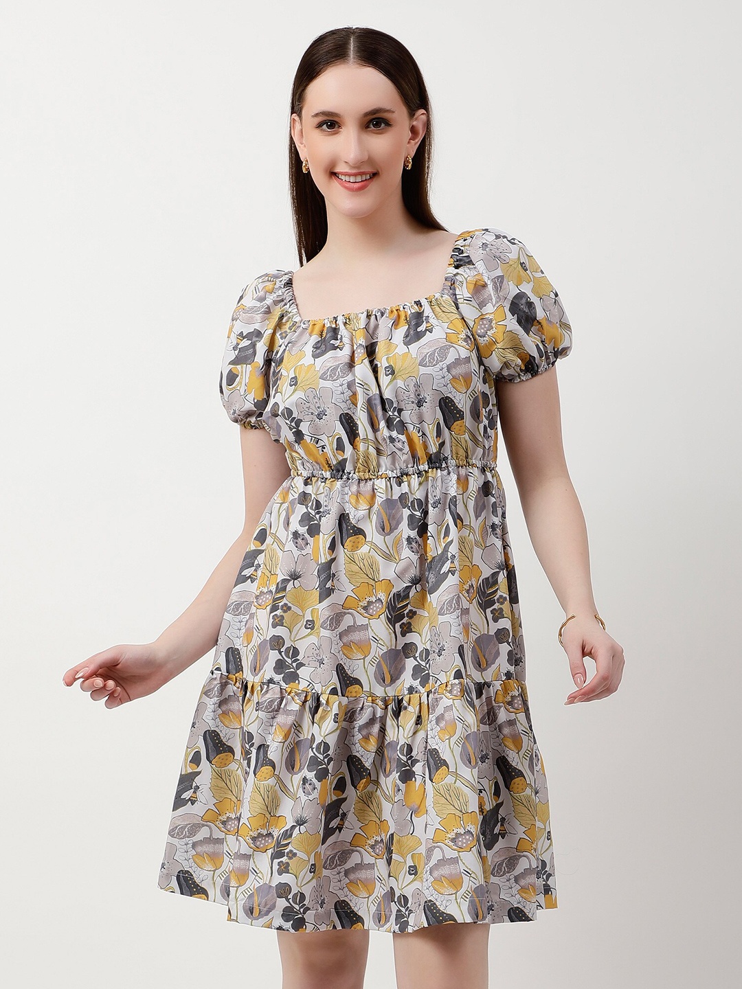 

LVOVA Floral Printed Puff Sleeve Crepe Fit & Flare Dress, Yellow