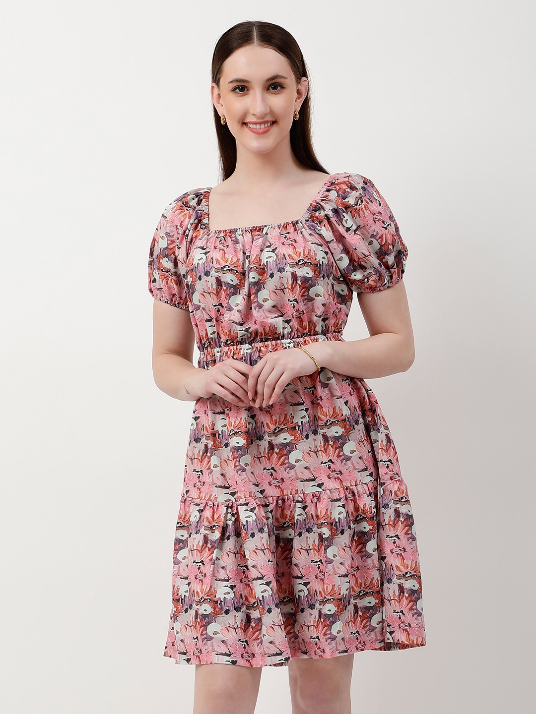 

LVOVA Floral Printed Puff Sleeve Fit & Flare Dress, Peach