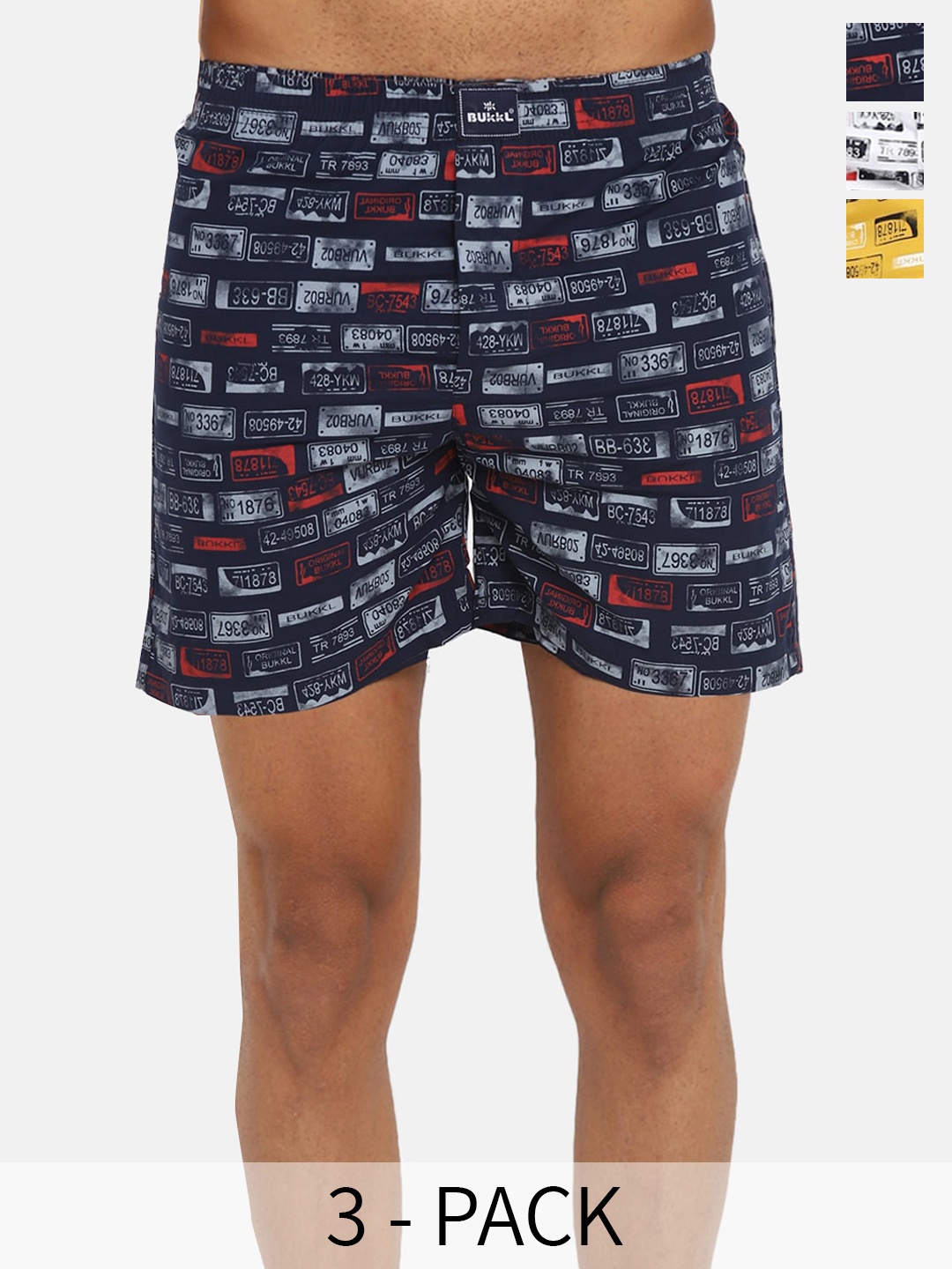 

Bukkl Pack Of 3 Printed Pure Cotton Boxers LAFFER-6, Navy blue