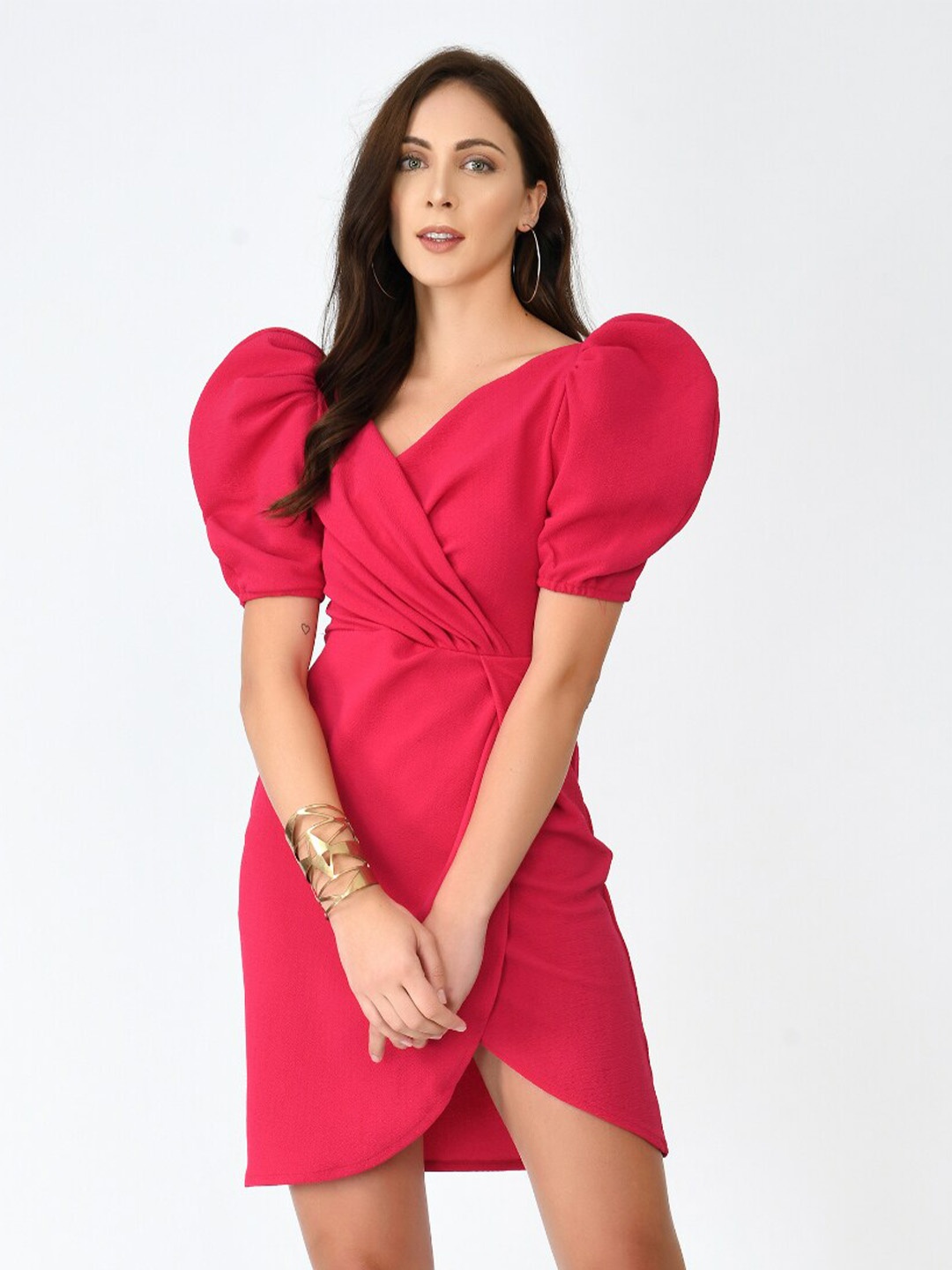 

BAESD V-Neck Puff Sleeves Wrap Dress, Magenta