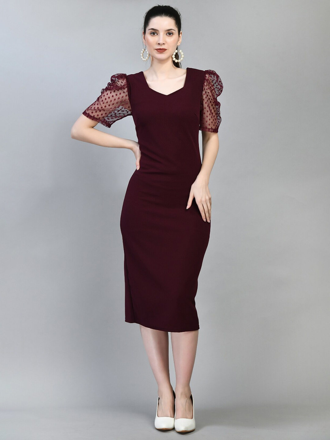 

BAESD Sweetheart Neck Puff Sleeves Sheath Midi Dress, Maroon