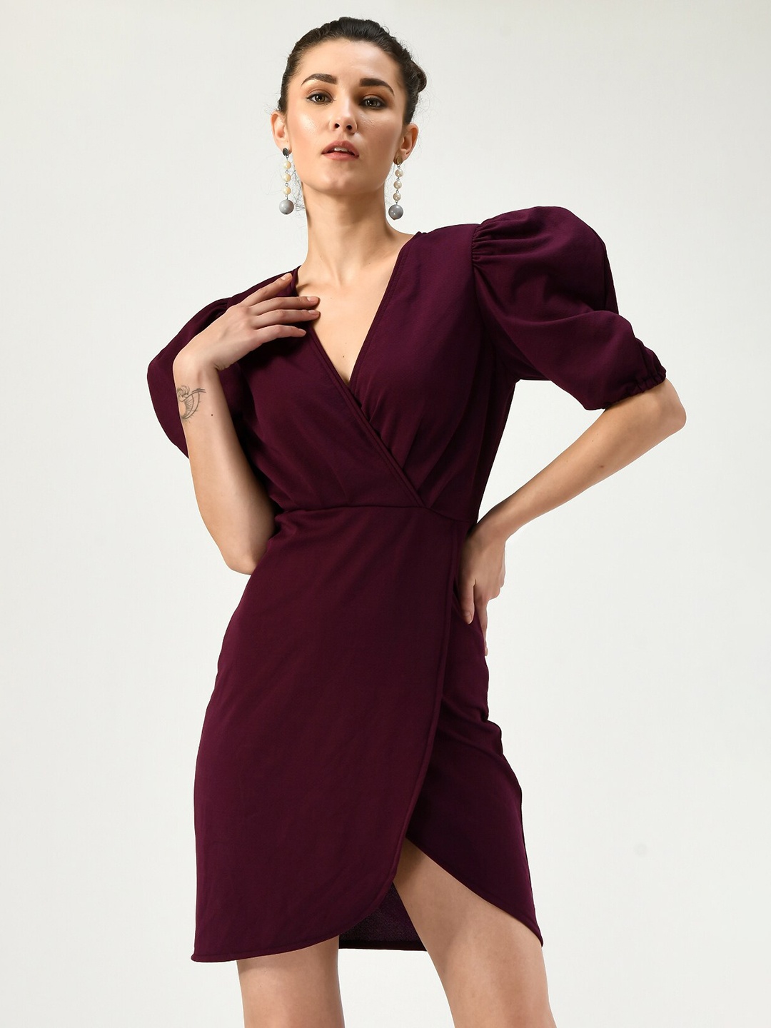 

BAESD V-Neck Short Puff Sleeve Wrap Mini Dress, Purple