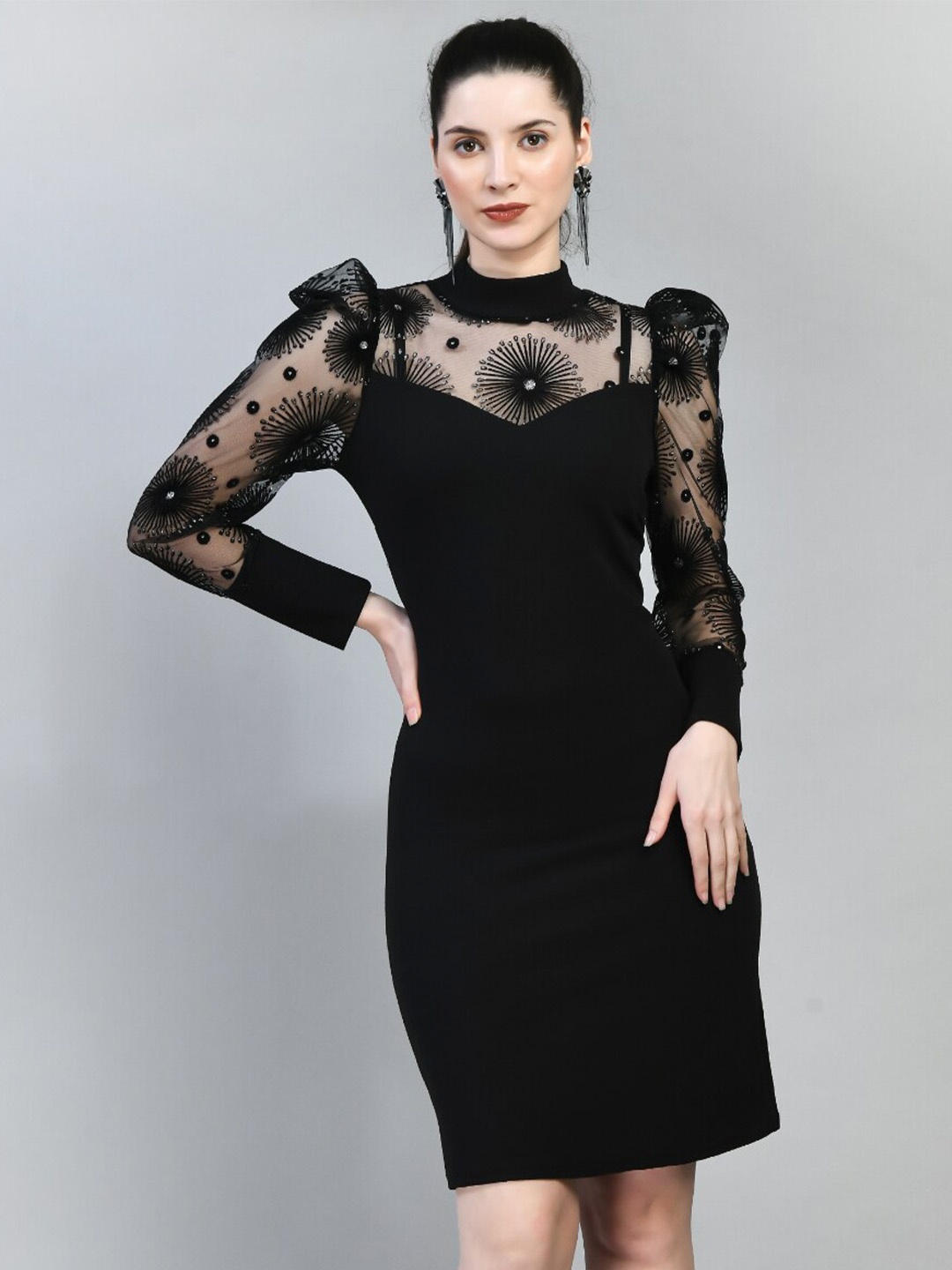 

BAESD High Neck Long Puff Sleeves Sheath Dress, Black