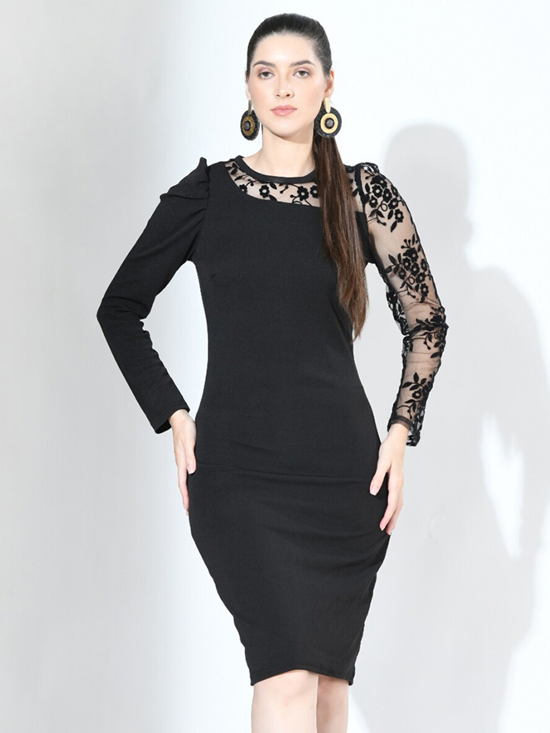 

BAESD Round Neck Puff Sleeves Bodycon Dress, Black