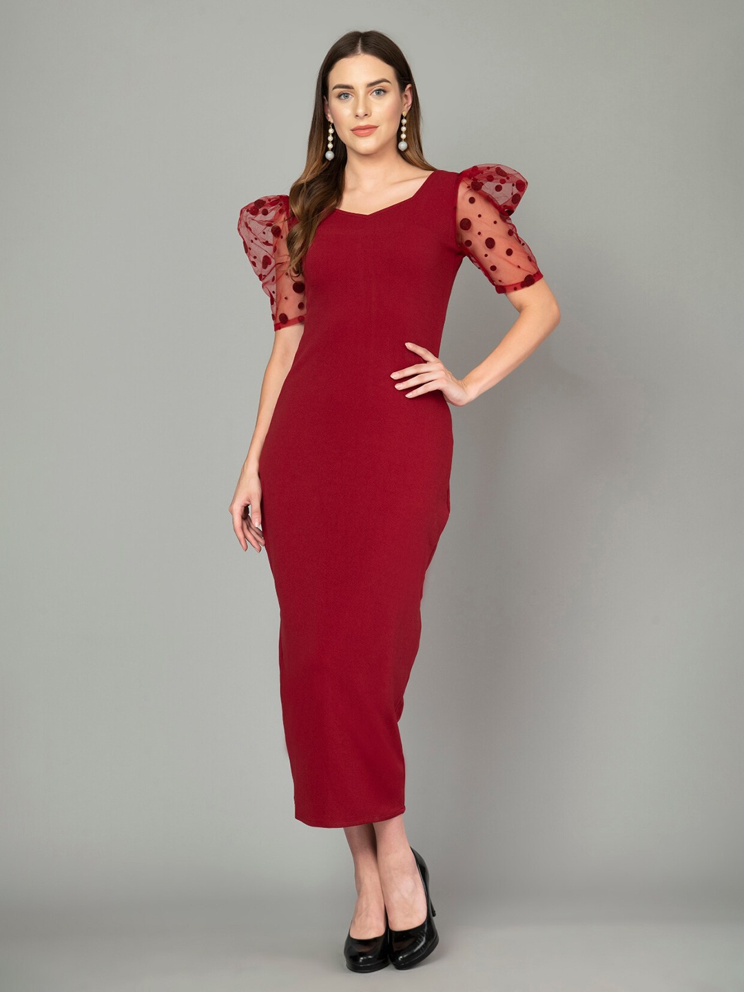 

BAESD Sweetheart Neck Puff Sleeves Sheath Midi Dress, Maroon