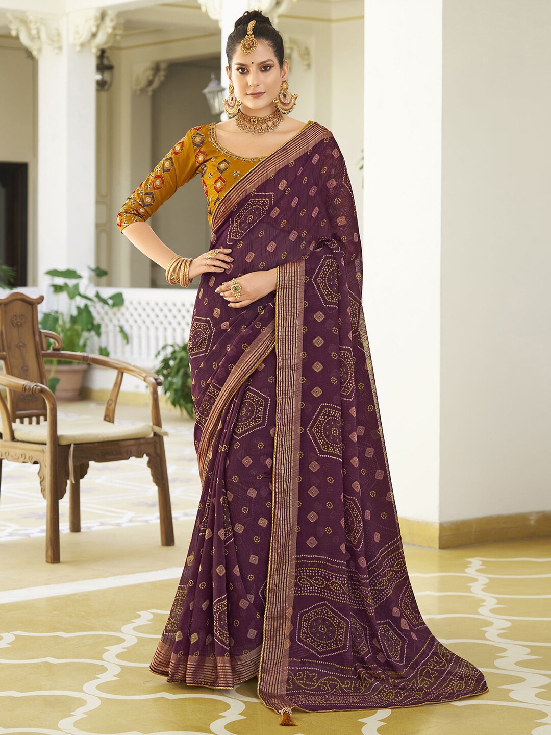 

Satrani Purple Printed Gotta Patti Bandhani Saree