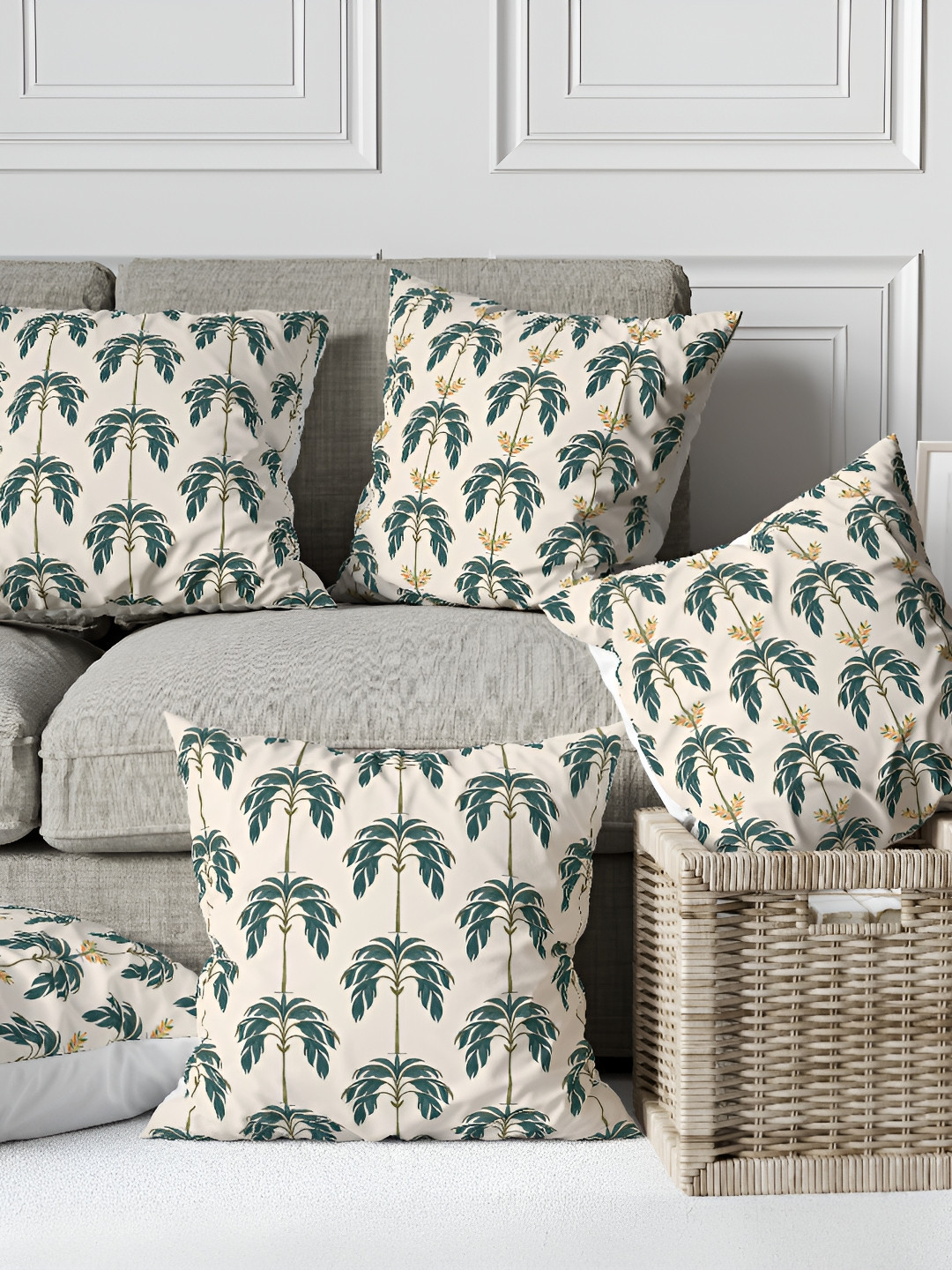 

Astitva Beige & Green 5 Pcs Quirky Square Cushion Covers