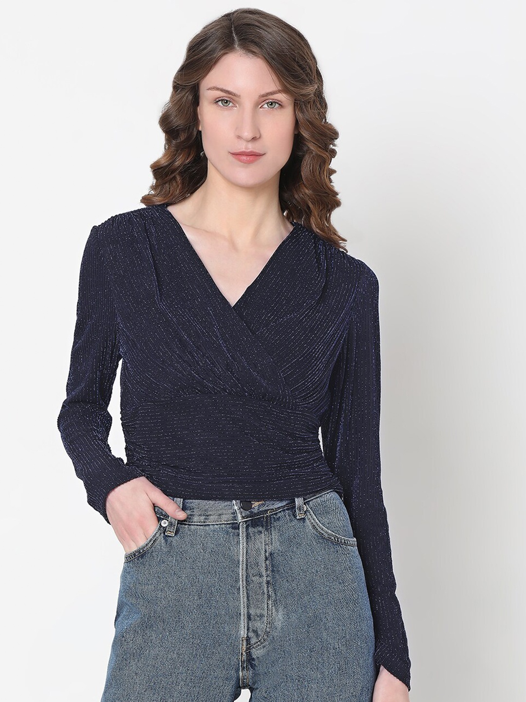 

Vero Moda Embellished V-Neck Long Sleeves Crop Wrap Top, Blue