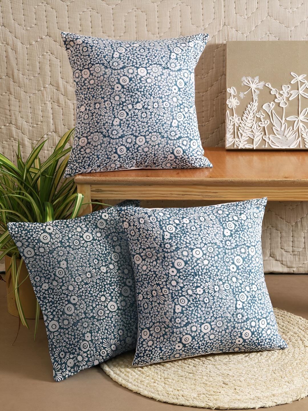 

Aura Blue & White 3 Pieces Floral Square Cushion Covers