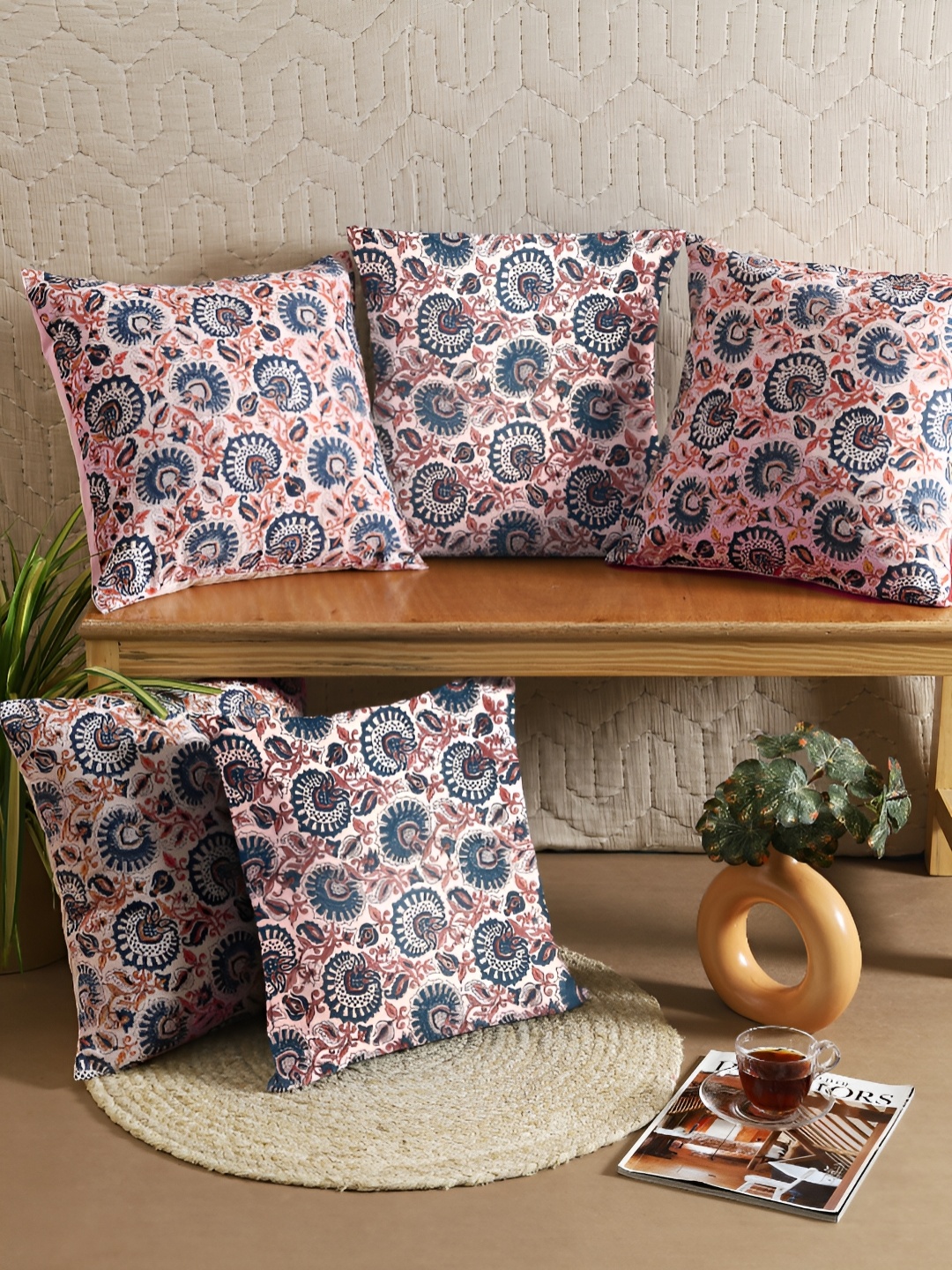 

Aura Pink & Blue 5 Pieces Floral Square Cushion Covers