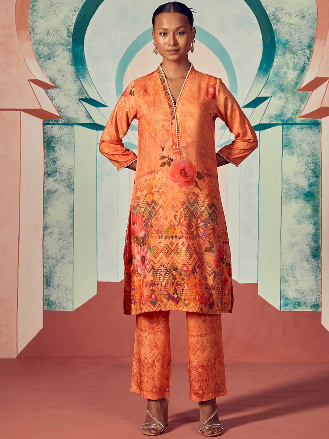 

Stylefables Printed V-Neck Ethnic Tunic & Mid-Rise Trouser, Orange