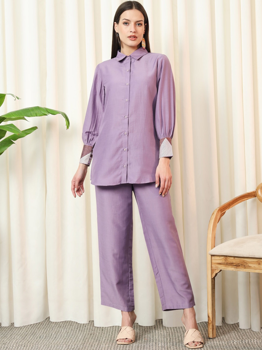 

Stylefables Puff Sleeves Shirt & Mid-Rise Trouser Co-Ords, Purple