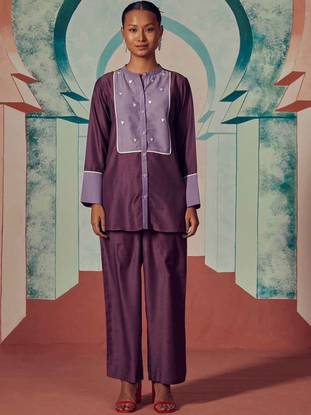 

Stylefables Mandarin Collar Shirt & Mid-Rise Trouser, Purple