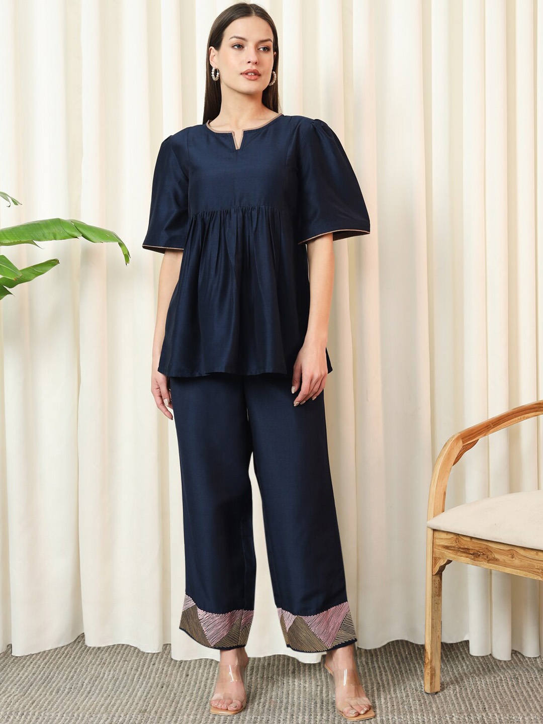 

Stylefables V-Neck Top & Mid-Rise Trouser Co-Ords, Navy blue