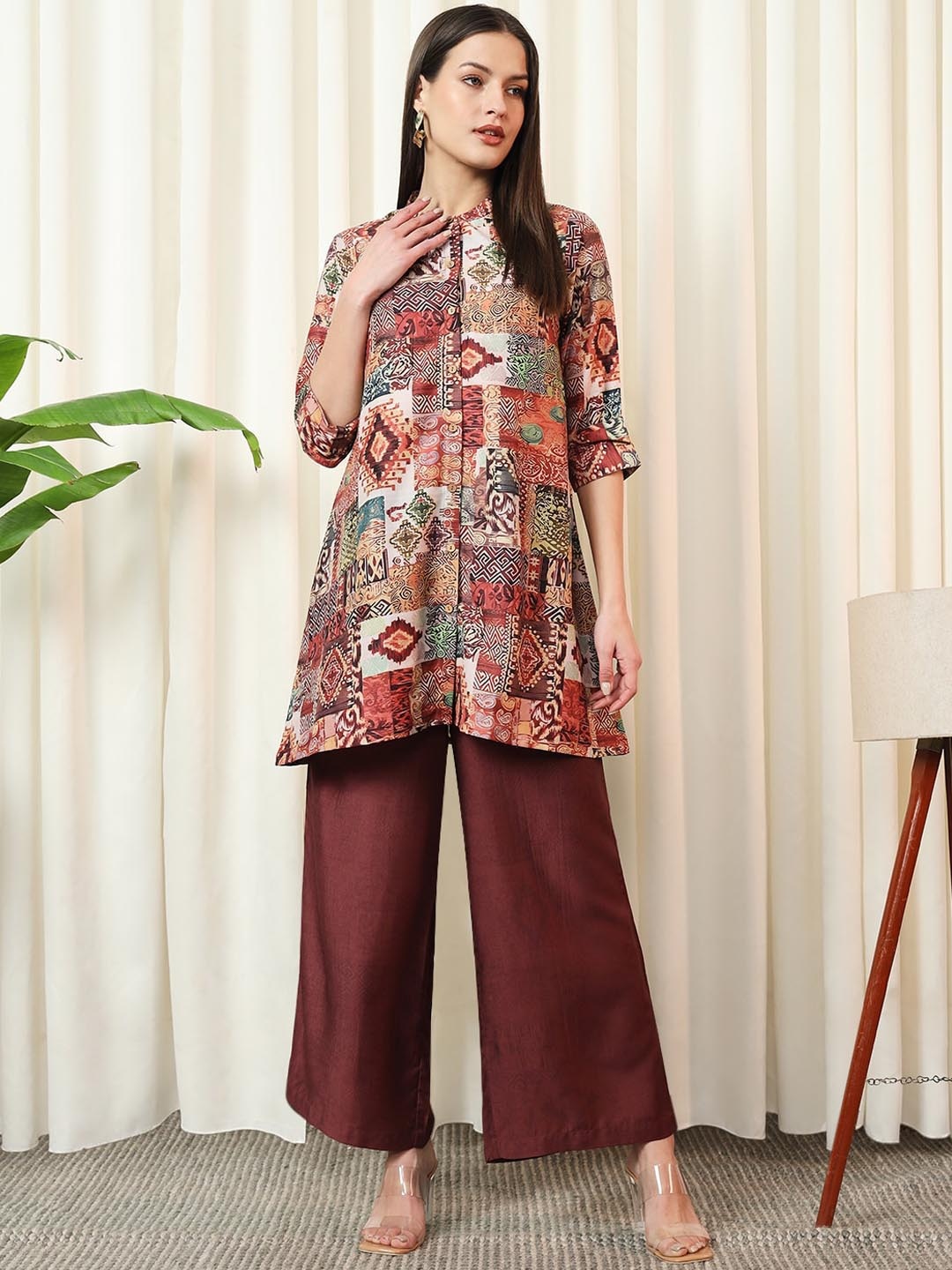 

Stylefables Ethnic Printed Mandarin Collar Ethnic Tunic & Mid-Rise Trouser, Brown