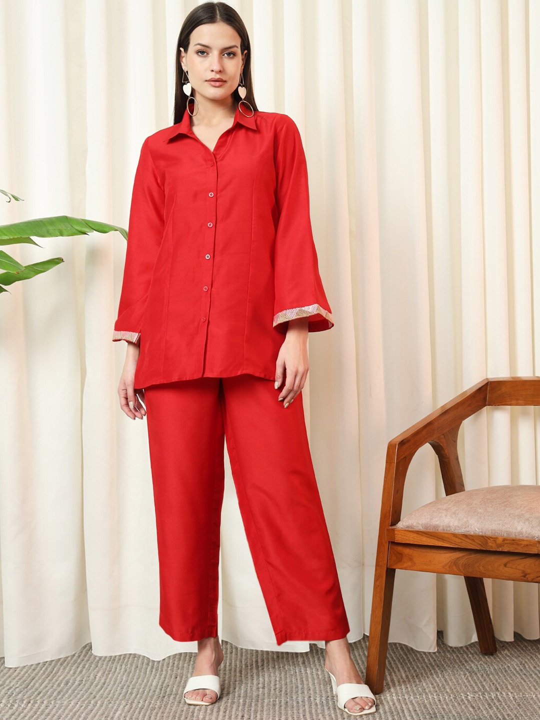 

Stylefables Long Sleeves Shirt & Mid-Rise Trouser Co-Ords, Red