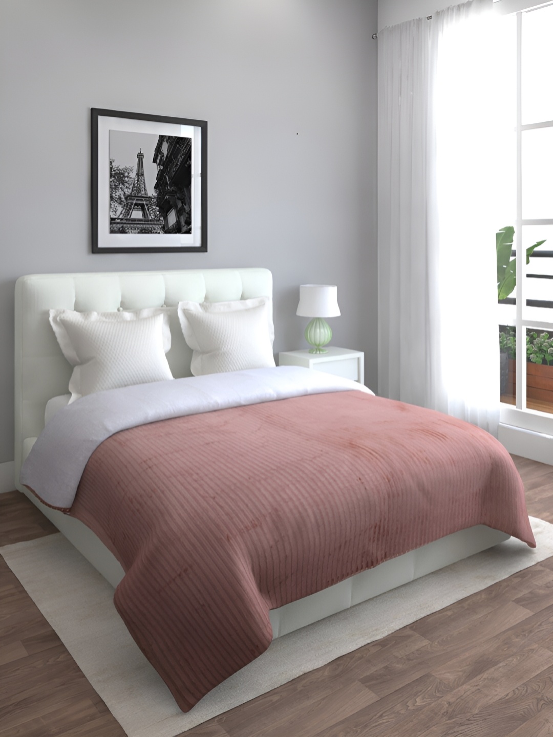 

Aura Peach-Coloured Striped Woollen AC Room 500 GSM Reversible Double Bed Blanket