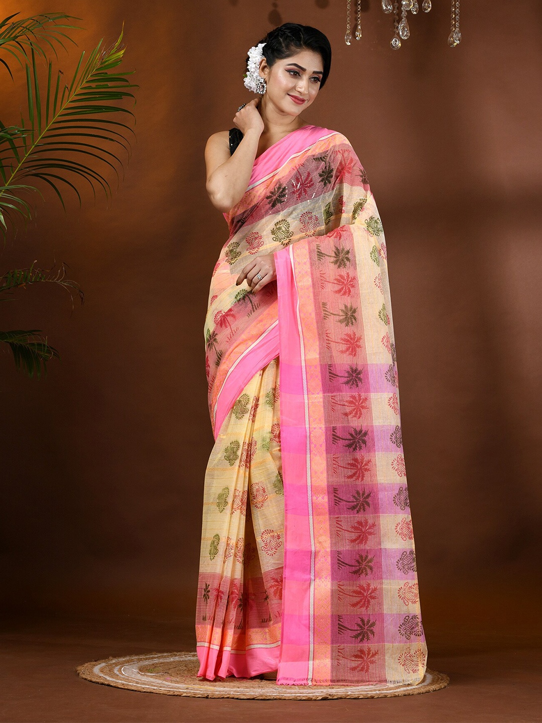 

DESH BIDESH Ethnic Motifs Printed Pure Cotton Block Print Saree, Pink